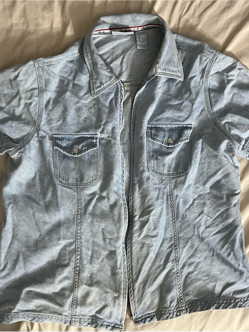 Vintage Bill Blass Light Blue Denim Shirt Jacket with Red Trim